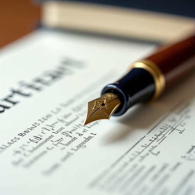 Close up of a fountain pen and a legal contract on a mahogany desk