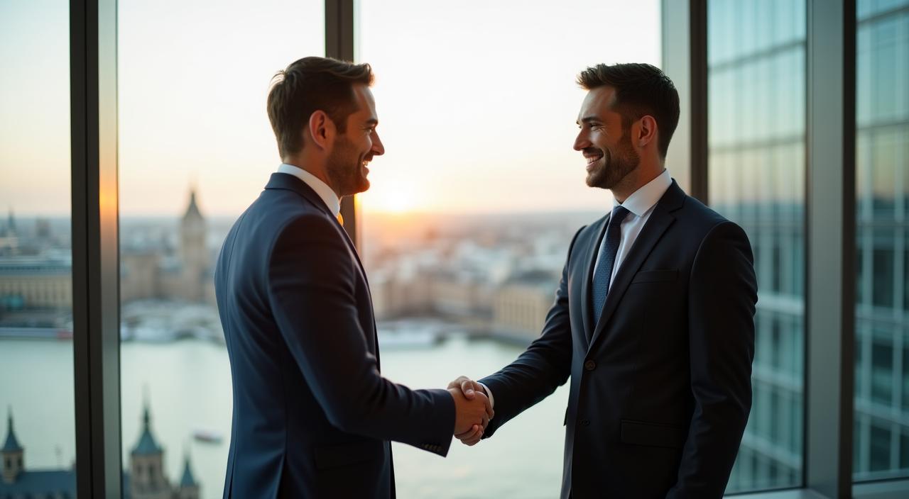 Two professionals shaking hands in a high-end London office setting, symbolic of a business agreement.